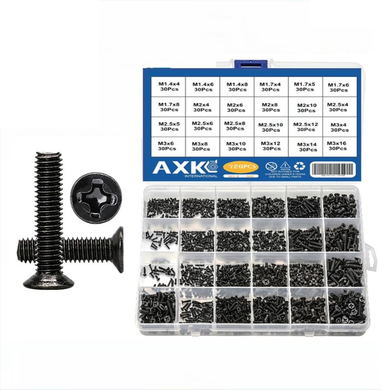 AXK 720pcs Countersunk Flat Head Phillips Small Mini Screw Set M1.4 M1.7 M2 M2.5 M3 Carbon Steel Computer Notebook Laptop Screws Kit - Image 1